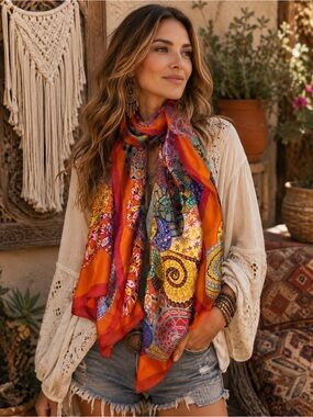 Vibrant Orange Multicolor Bohemian Scarf - Women Accessories